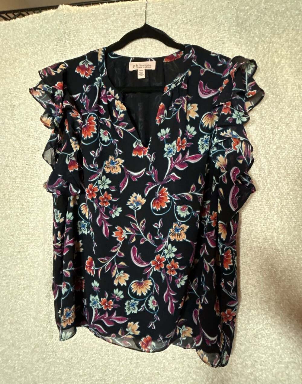 Philosophy Woman Floral Flutter Sleeve Top Size 1X Black